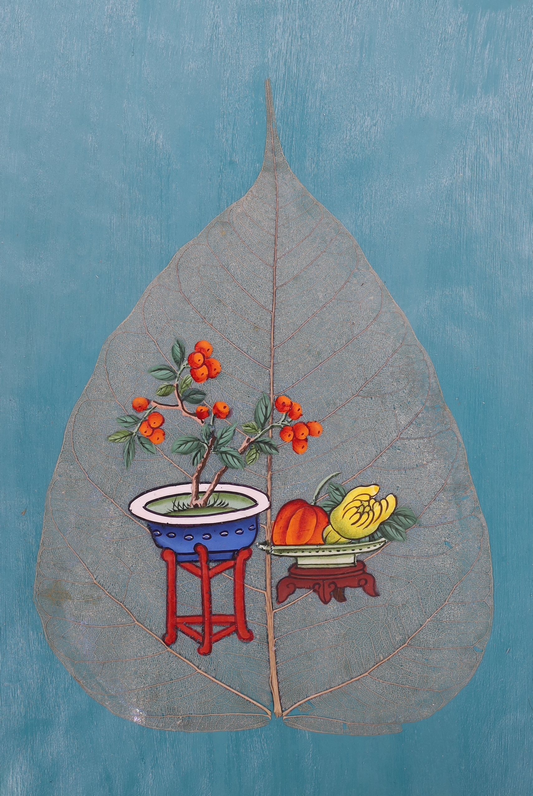 Chinese School, two gouaches on mulberry leaves, Still life of fruit and flowers, mounted and framed as one, each 22 x 14cm together with Chinese School, gouache on pith paper, Musicians playing instruments, 19 x 30cm